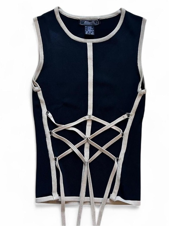 etincelle couture Tops - FINAL SALE - 90s Vintage black tank with cream contrast straps Lace Up